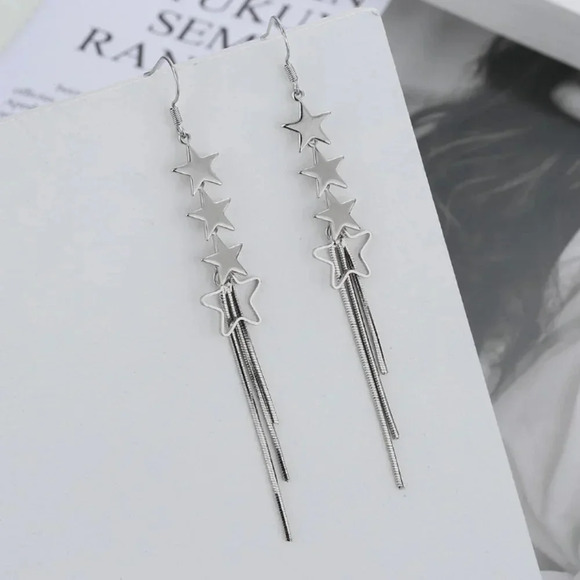 925 Sterling Silver Dangle Star Earrings Dangle Drop Tassel Long Earrings - Picture 2 of 5